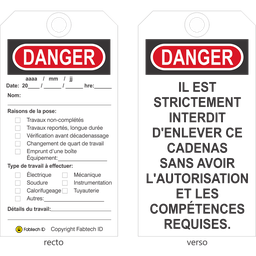 Étiquette de Contrôle -DANGER en styrène avec trou 3/8'' (paquet de 25)