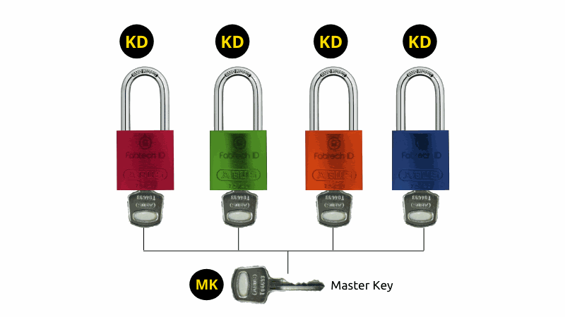 Cadenas coloré isolé avec anse de 75 mm. Différents types de clefs