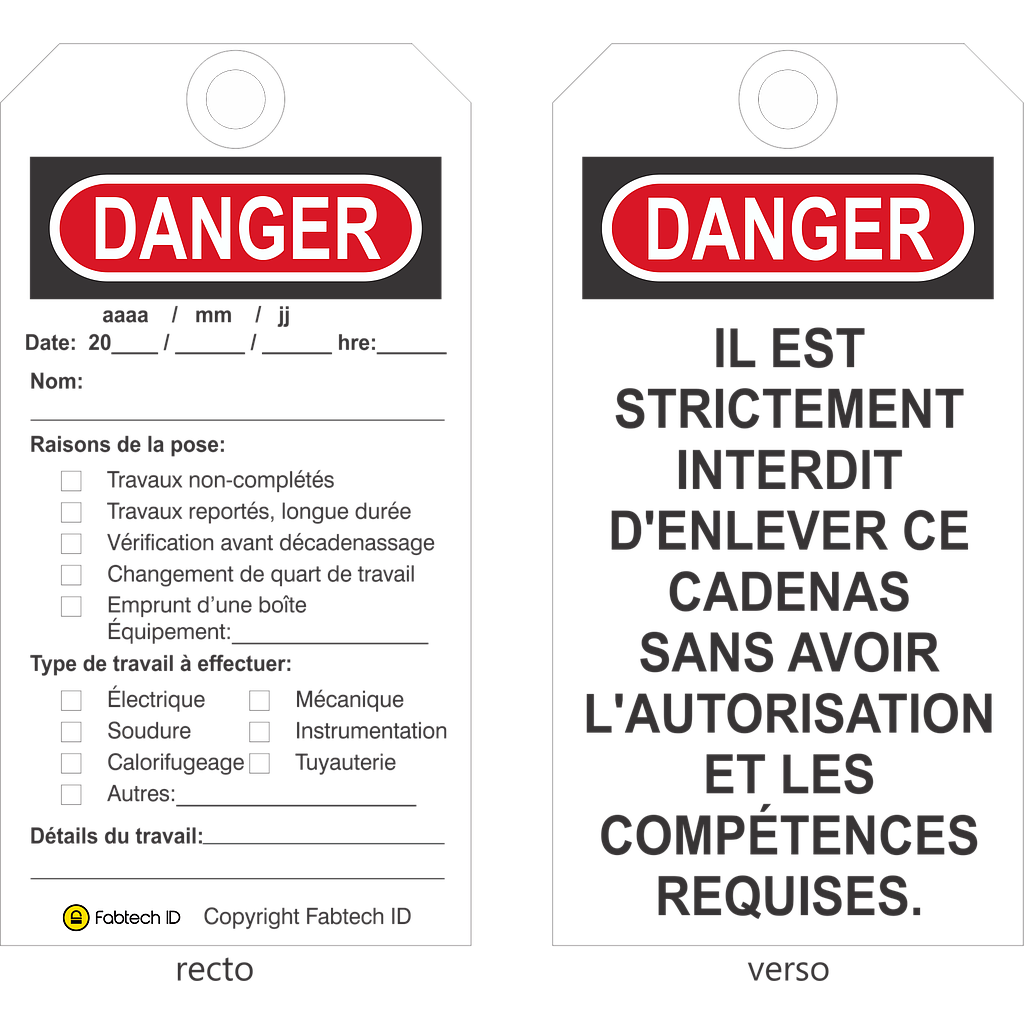 Étiquette de Contrôle -DANGER en styrène avec trou 3/8'' (paquet de 25)